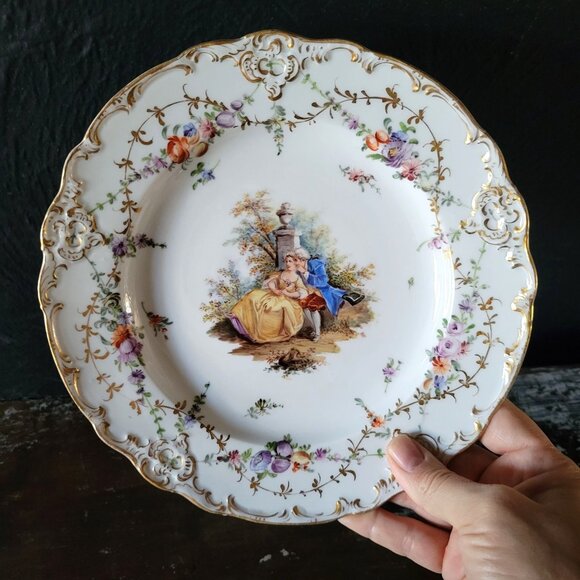 Antique Meissen Deep Plate Courting Couple Romantic Scene Floral Design 8.75" - Picture 2 of 9